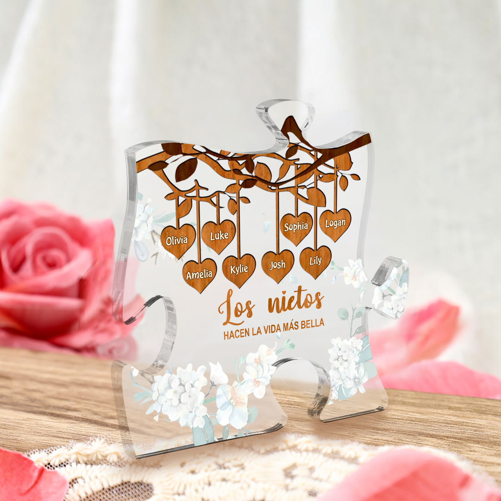 A la familia-Placa de acrílico en forma de rompecabezas árbol de vida y corazones 1-8 nombres personalizados | Jessemade