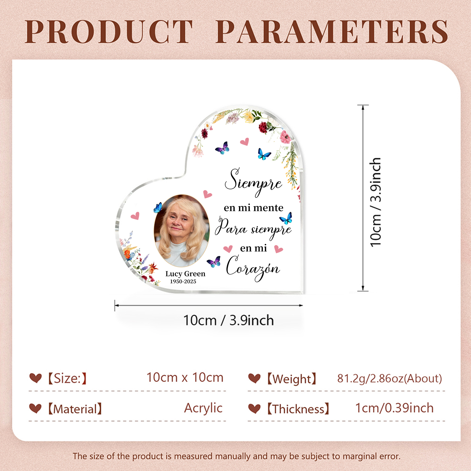 Placa de acrílico en forma de corazón con años, foto y nombre personalizados para conmemoración | Jessemade