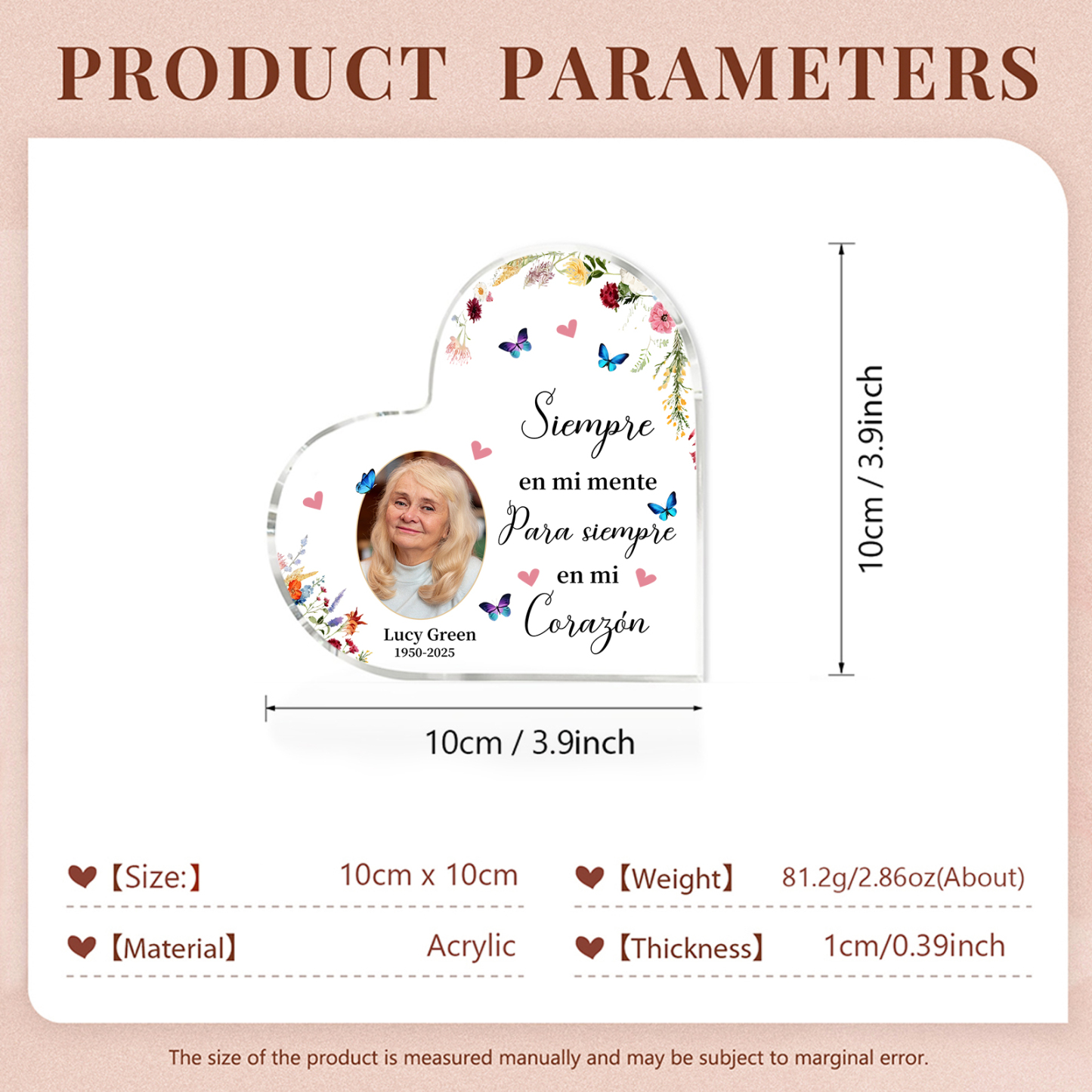 Placa de acrílico en forma de corazón con años, foto y nombre personalizados para conmemoración | Jessemade