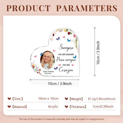 Placa de acrílico en forma de corazón con años, foto y nombre personalizados para conmemoración | Jessemade
