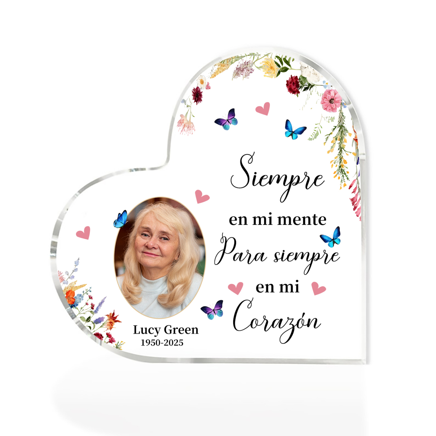 Placa de acrílico en forma de corazón con años, foto y nombre personalizados para conmemoración | Jessemade