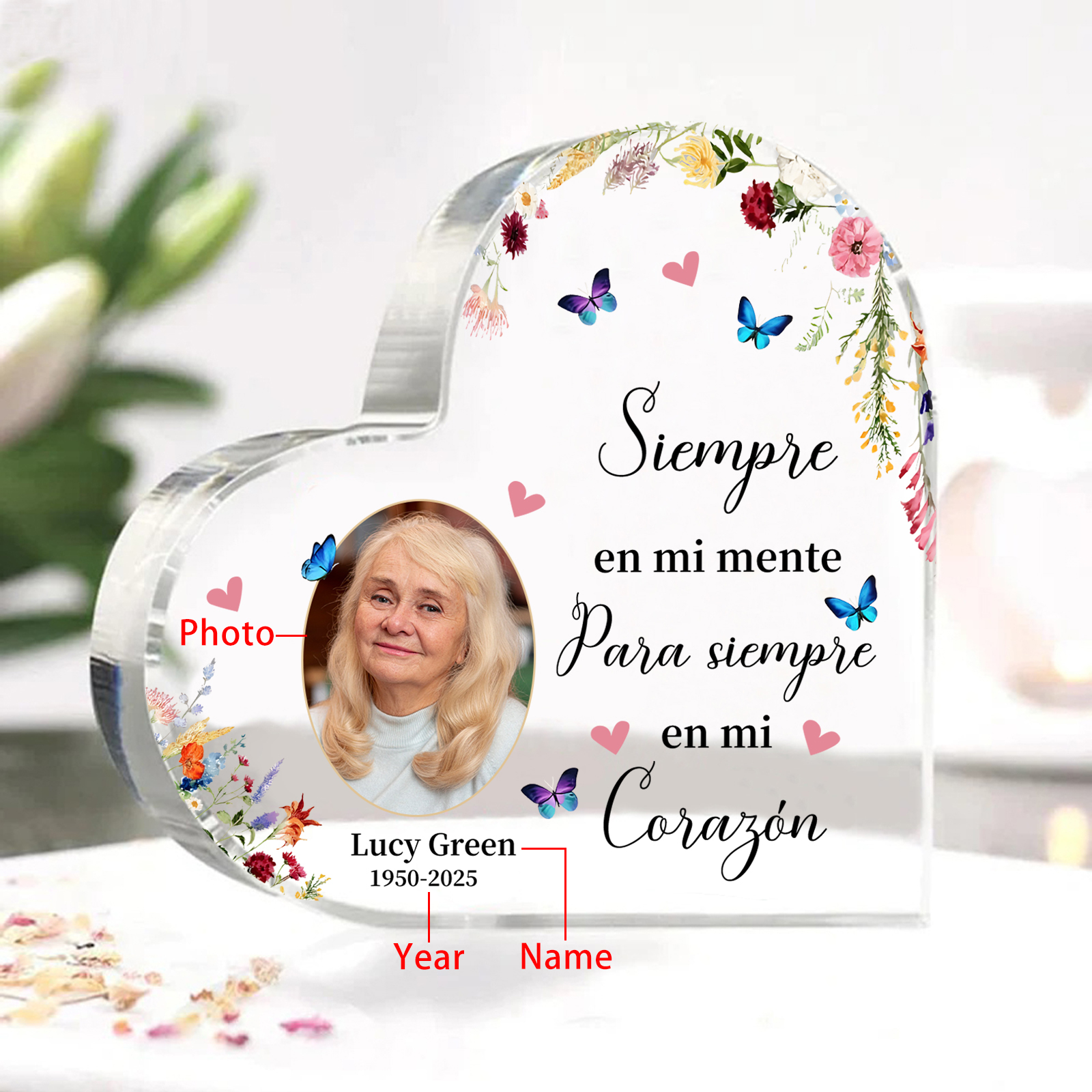 Placa de acrílico en forma de corazón con años, foto y nombre personalizados para conmemoración | Jessemade