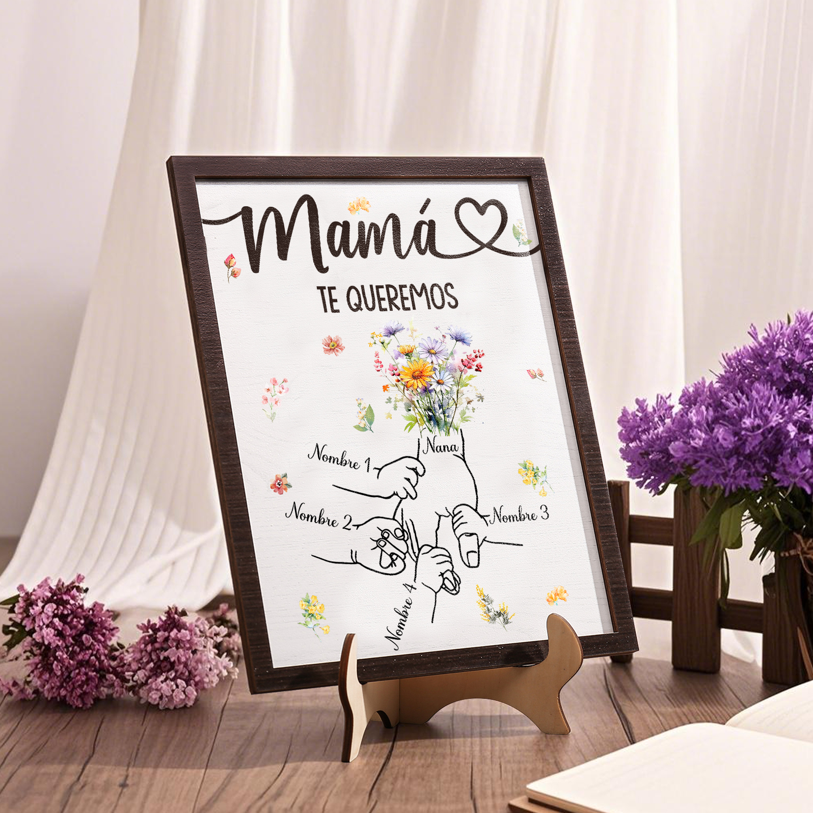 A mi mamá-Adorno 4 nombres y 1 texto personalizados decoración de madera mano con mano | Jessemade