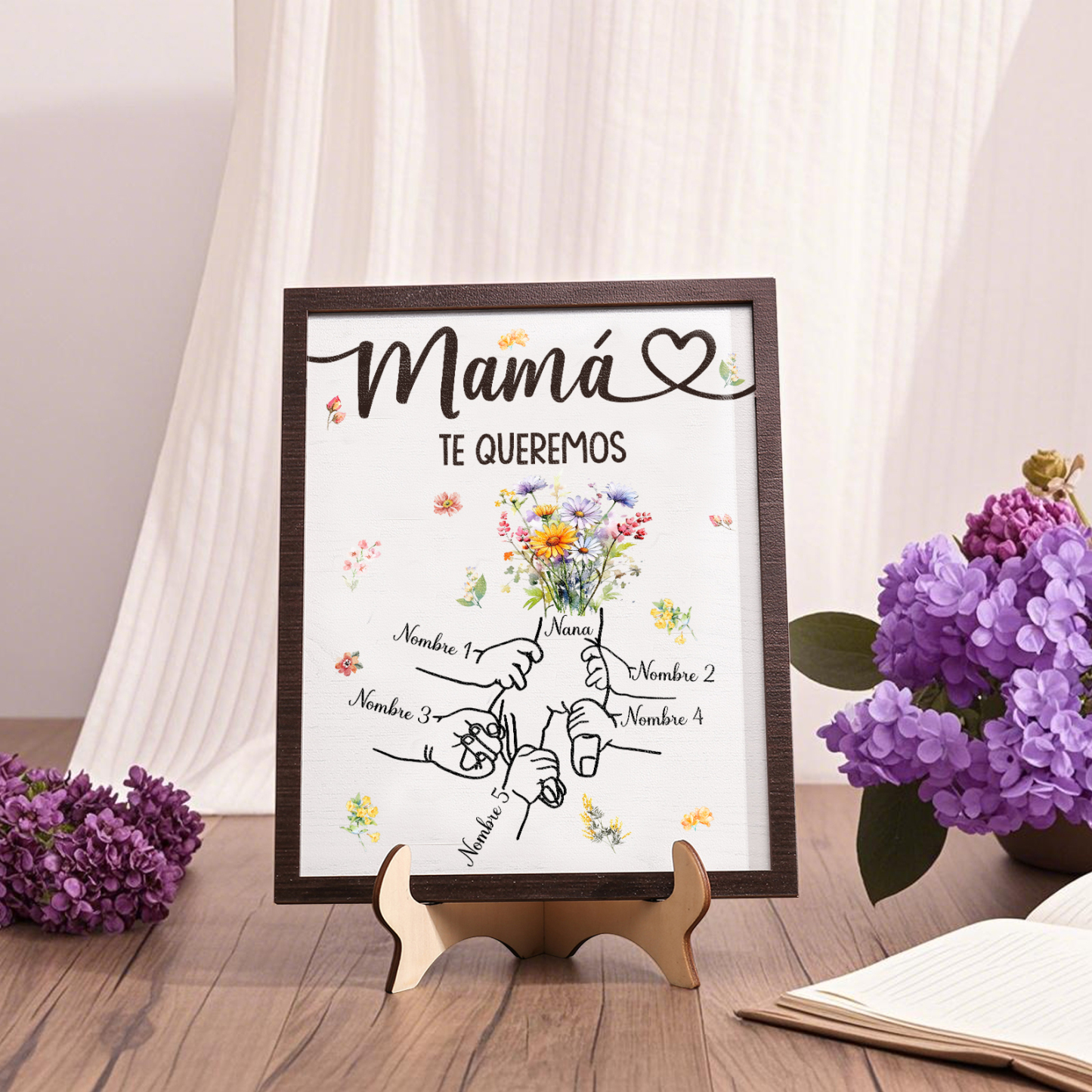Decoración de Madera para Mamá con Mano con Mano y 5 Nombres Personalizados | Jessemade ES