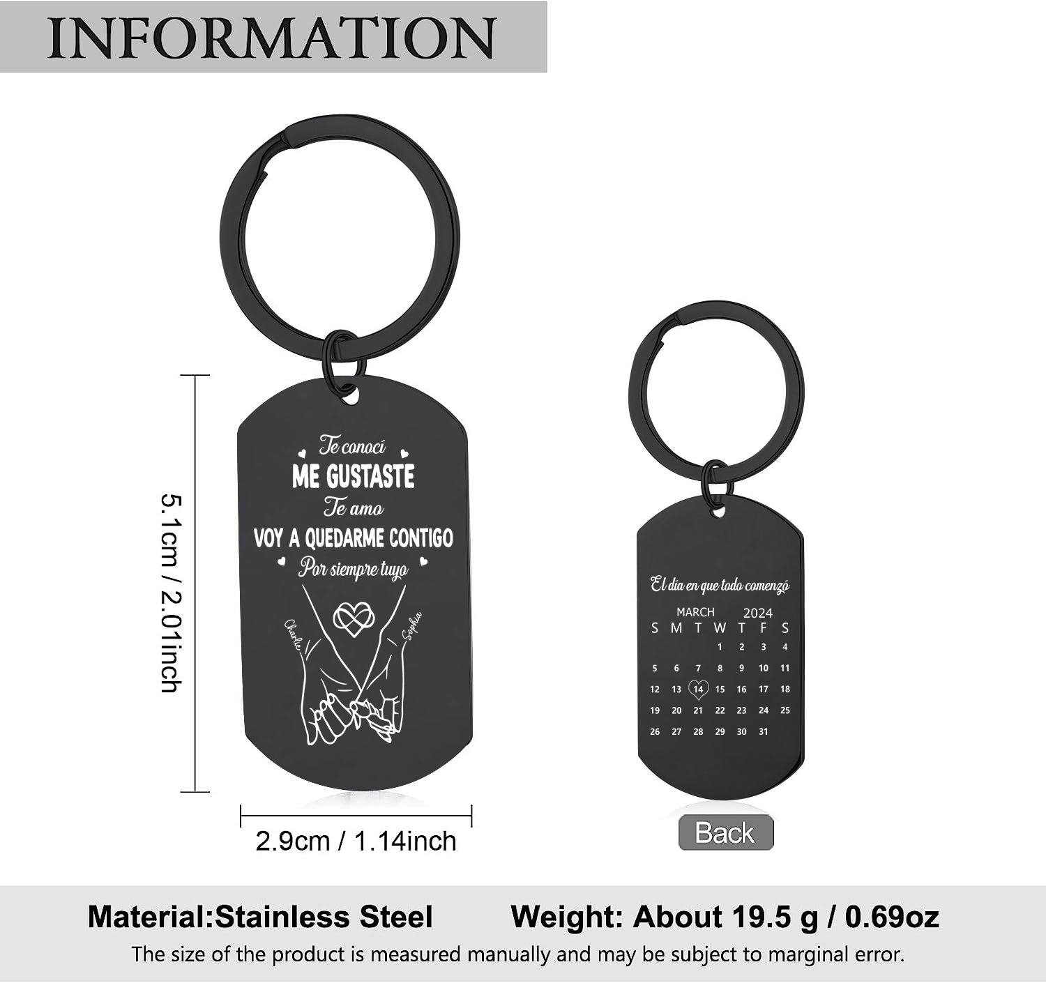 Llavero acero inox negro grabado calendario pareja