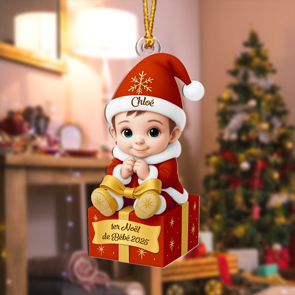 Adorno personalizado para el árbol de Navidad – Bebé sobre un regalo para su primera Navidad
