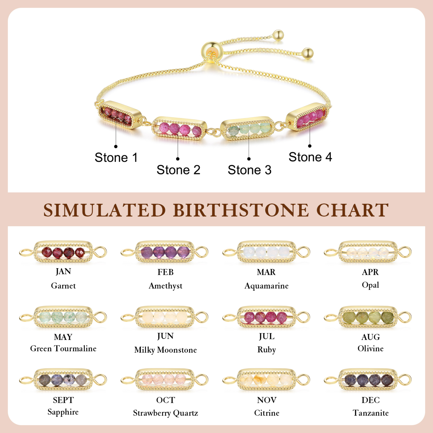 Pulsera personalizada con barra y piedra de nacimiento, ajustable y de diseño minimalista