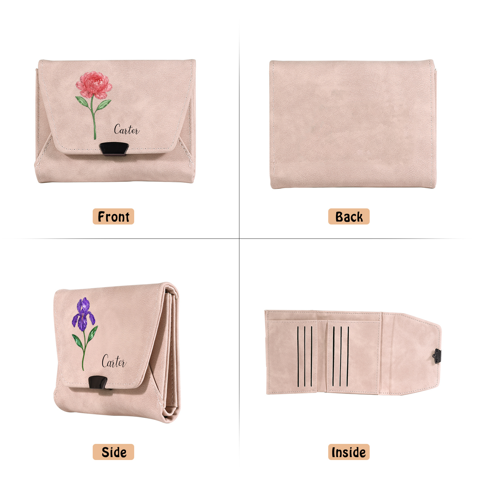Cartera de cuero personalizada para mujer con flor de nacimiento y nombre