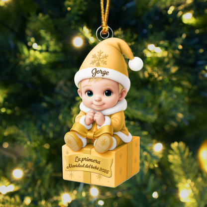 Adorno personalizado para el árbol de Navidad – Bebé sobre un regalo para su primera Navidad
