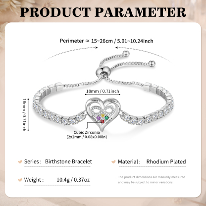 Pulsera de tenis personalizada con corazón infinito, 2-4 Nombres y piedras de nacimiento personalizables, ajustable con circonitas cúbicas