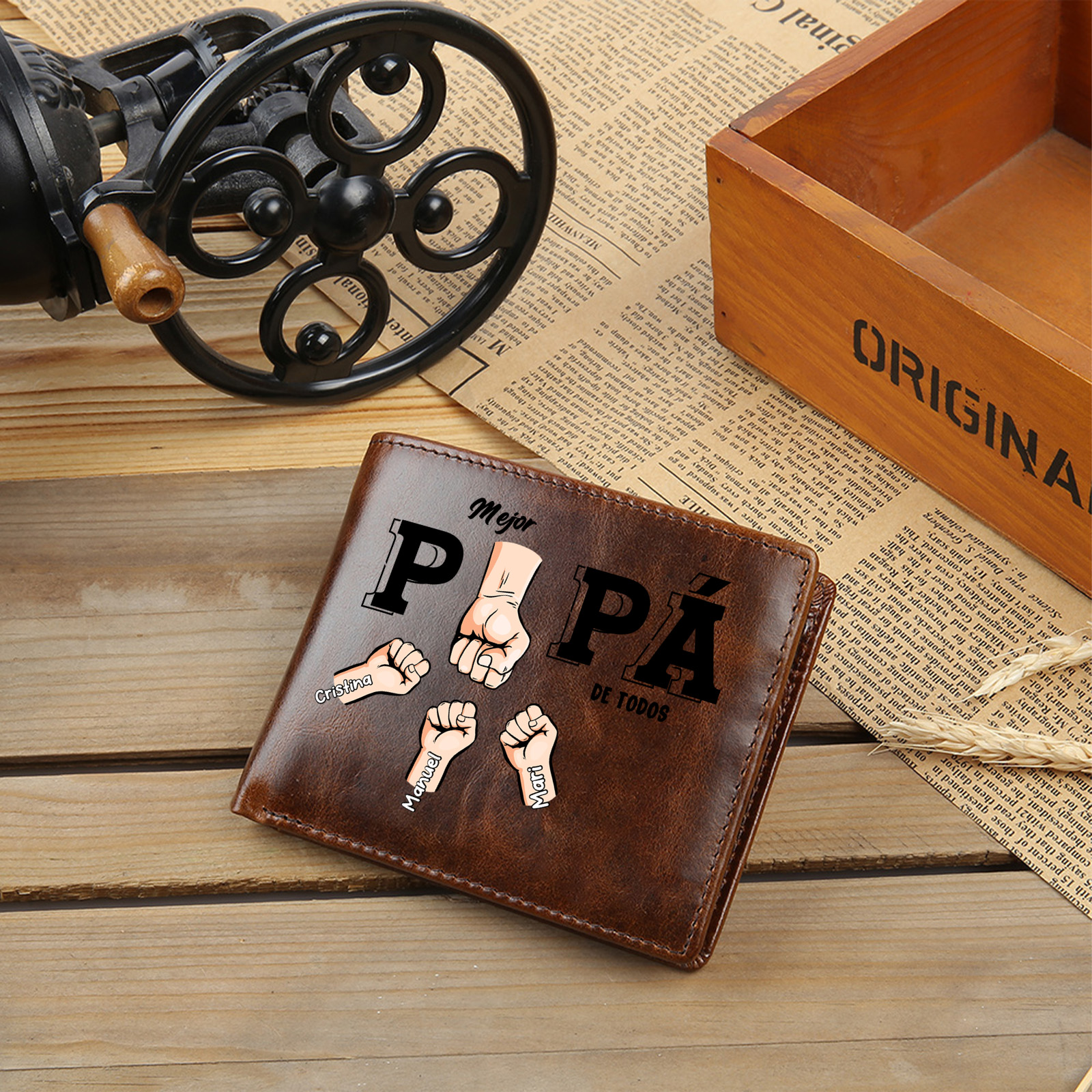 Cartera Personalizada de Piel Auténtica con Nombres – Mejor Abuelo/Papá del Mundo