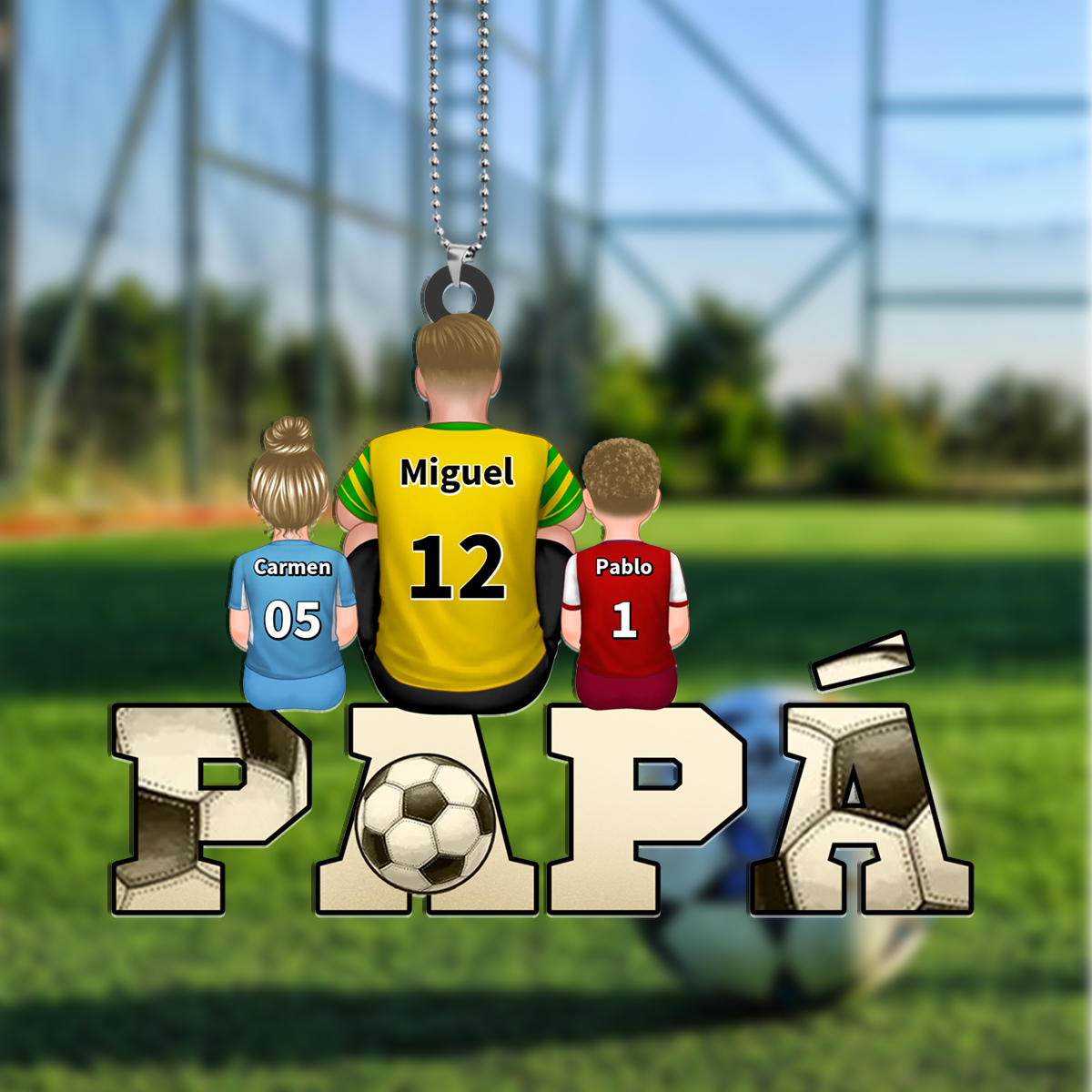 Llavero personalizado futbolero con nombres y dorsales de 1–4 hijos, adorno colgante para papá | Jessemade