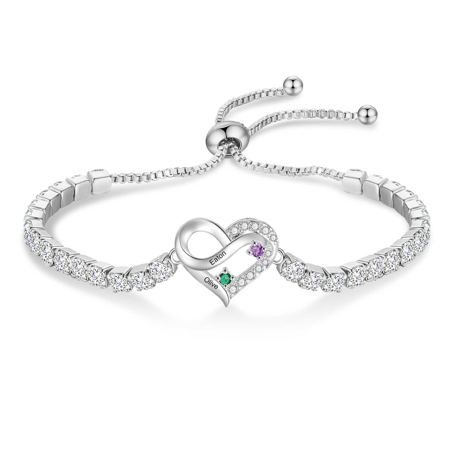 Pulsera tipo tenis con corazón infinito Personalizado y 2-4 Nombres y Piedras de nacimiento