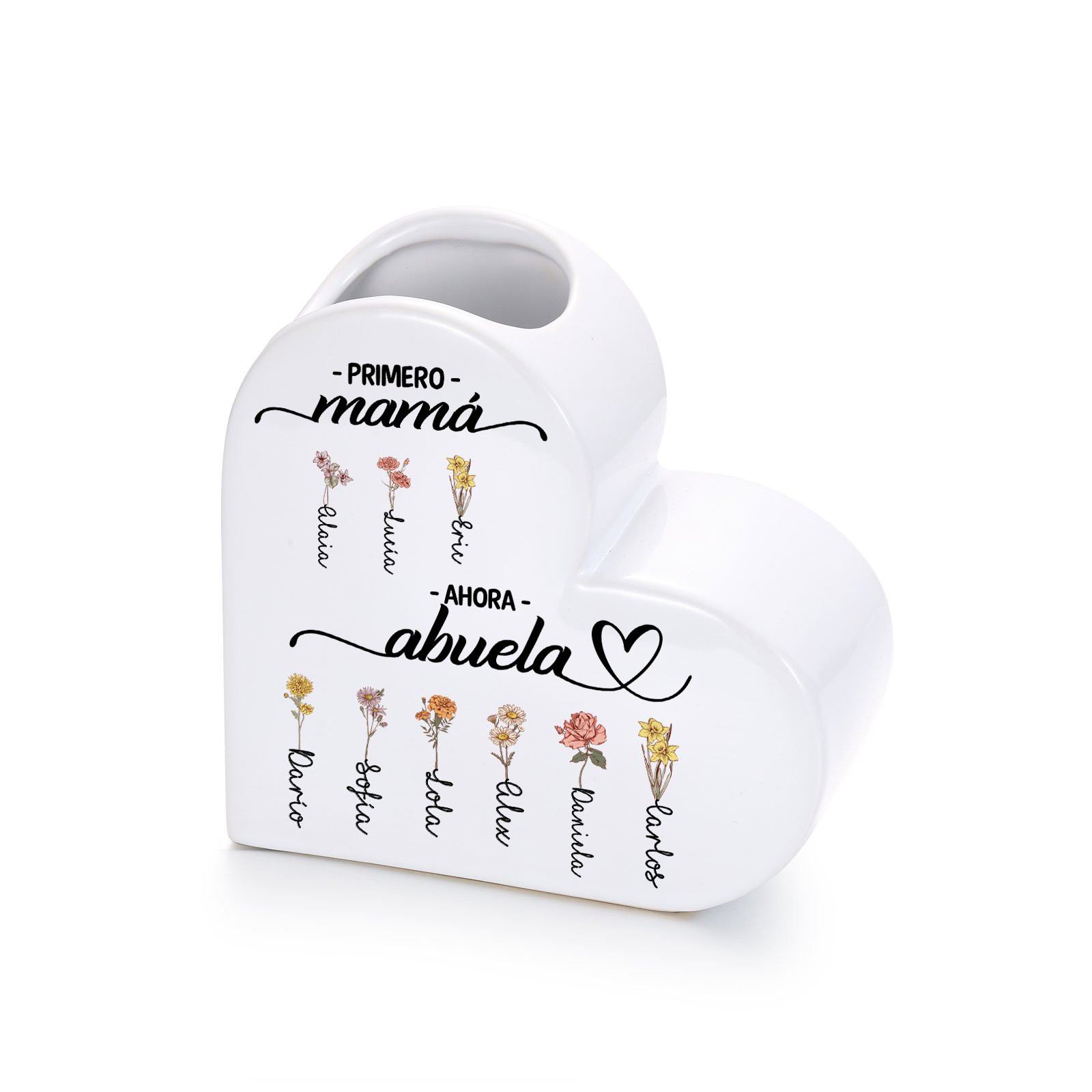 Jarrón de corazón de cerámica personalizado con 2 a 12 flores de nacimiento y nombre a elegir