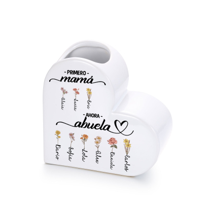 Jarrón de corazón de cerámica personalizado con 2 a 12 flores de nacimiento y nombre a elegir