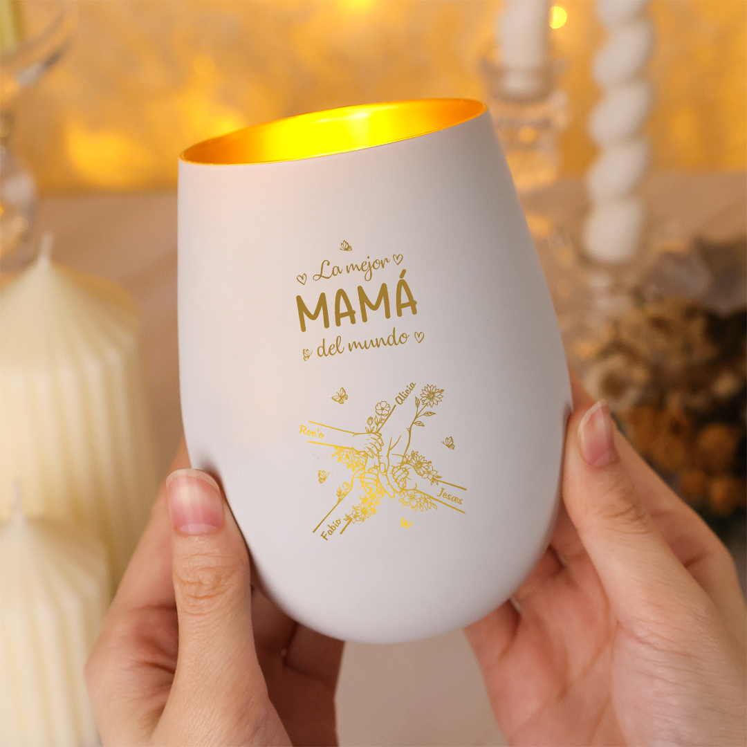 Portavelas de cristal personalizado “La mejor mamá/abuela del mundo” con nombres de 2 a 7 hijos