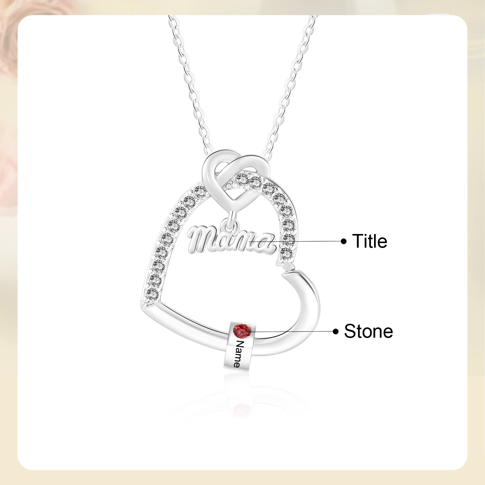 Collar de corazón personalizado para mamá con piedra de nacimiento y de 1 a 5 nombres