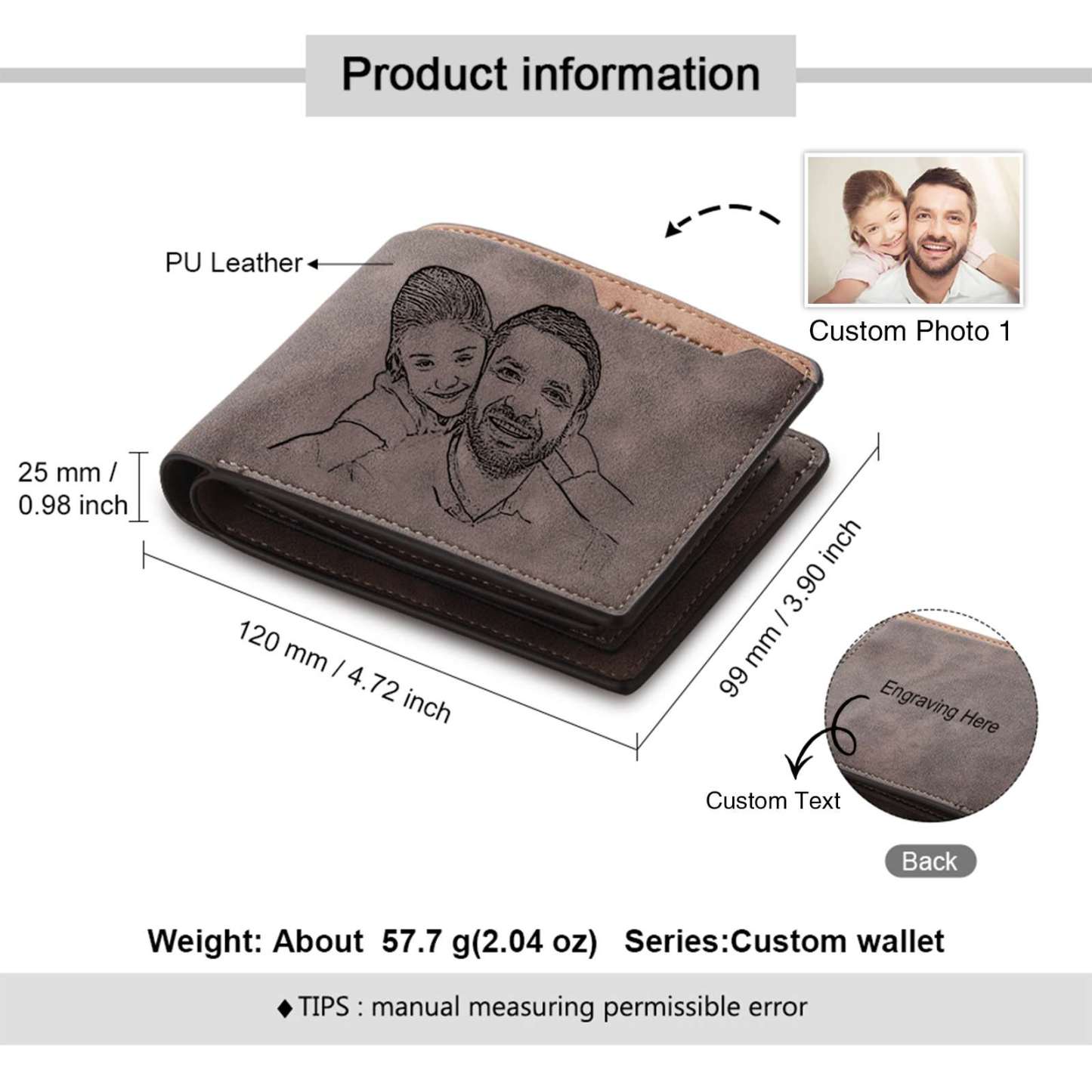 Kit de regalo-Llavero, cartera y bolígrafo con fecha y texto personalizados con 2 fotos para hombre
