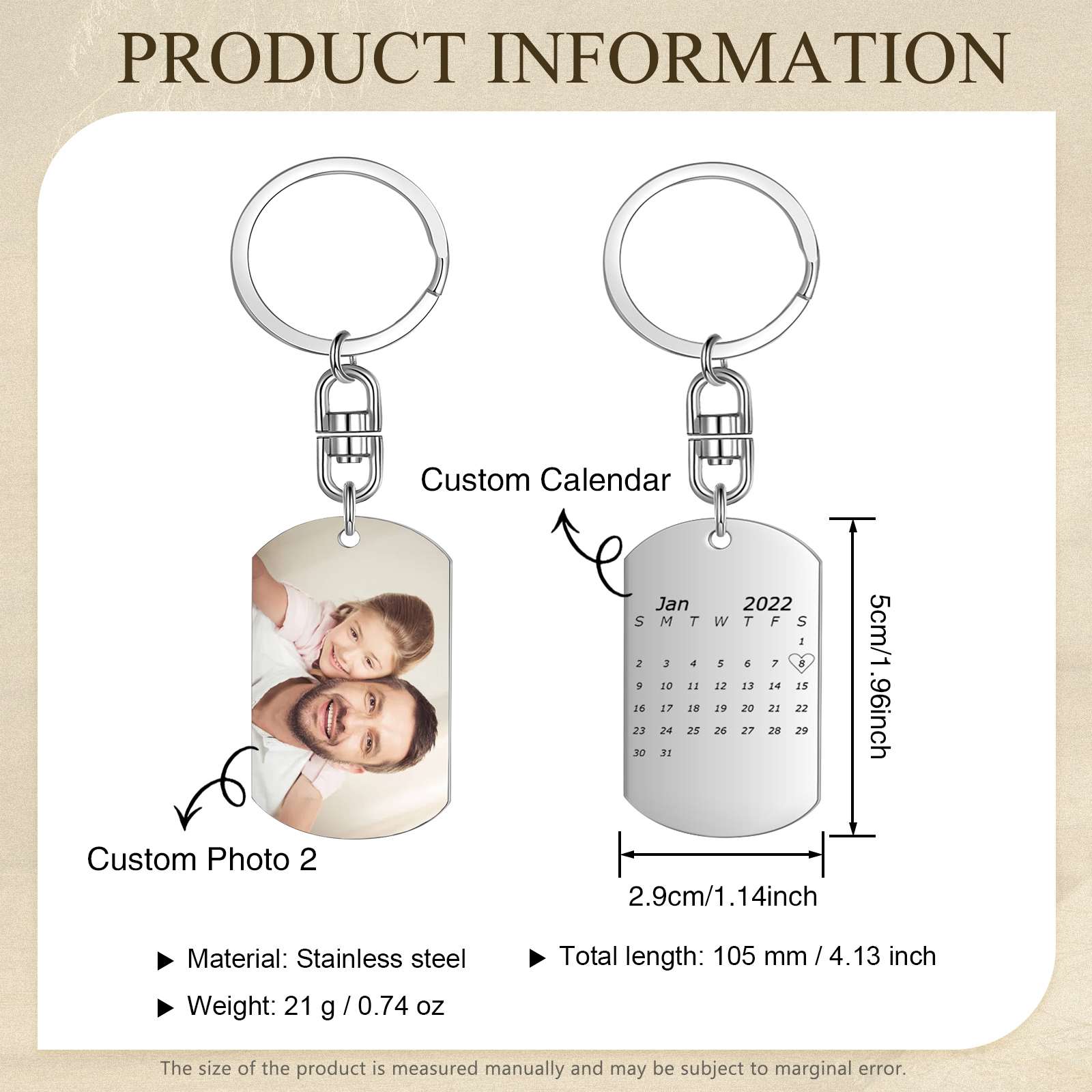 Kit de regalo-Llavero, cartera y bolígrafo con fecha y texto personalizados con 2 fotos para hombre