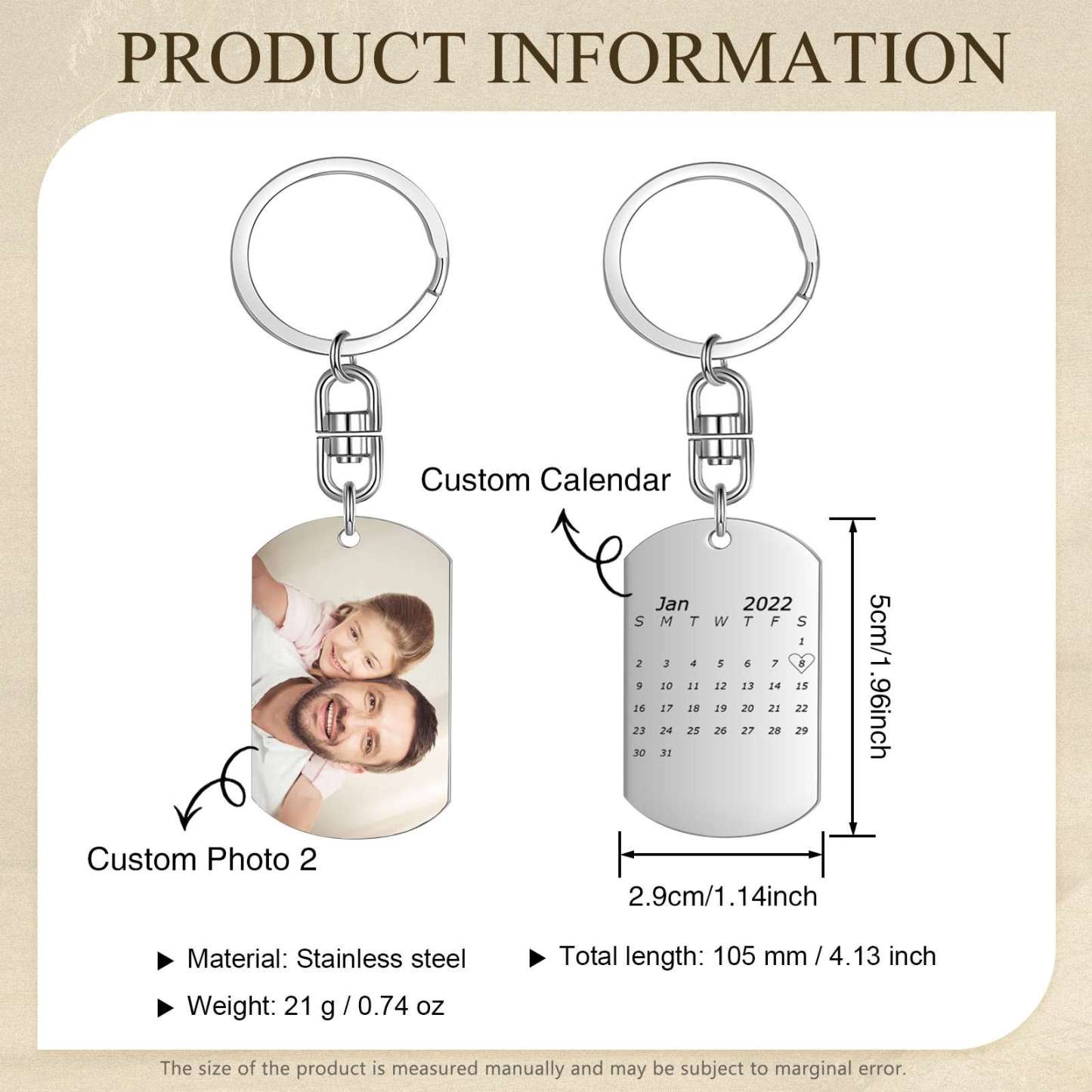 Kit de regalo-Llavero, cartera y bolígrafo con fecha y texto personalizados con 2 fotos para hombre