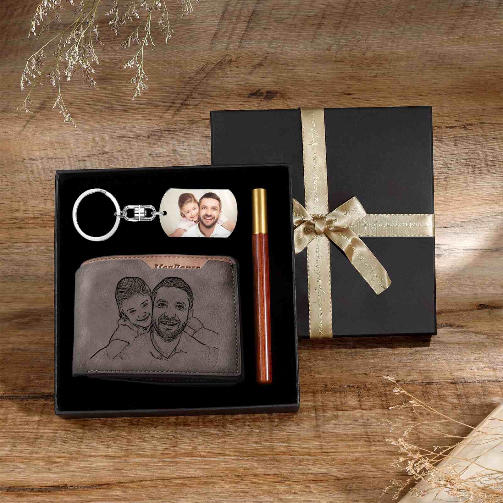 Kit de regalo-Llavero, cartera y bolígrafo con fecha y texto personalizados con 2 fotos para hombre