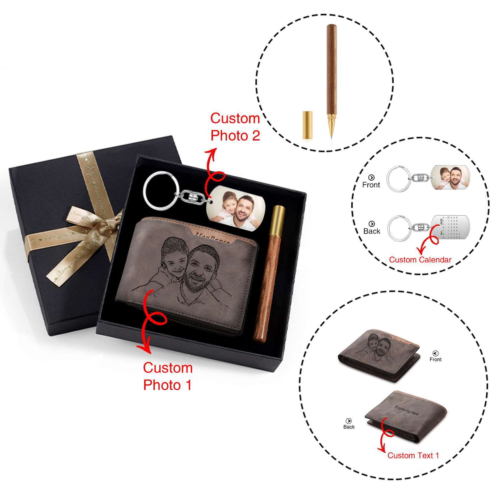 Kit de regalo-Llavero, cartera y bolígrafo con fecha y texto personalizados con 2 fotos para hombre