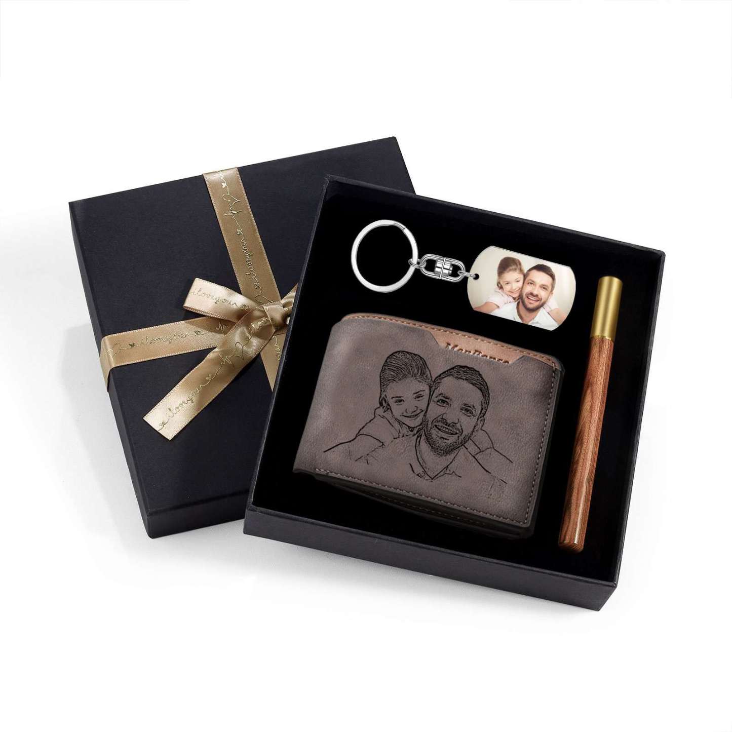 Kit de regalo-Llavero, cartera y bolígrafo con fecha y texto personalizados con 2 fotos para hombre