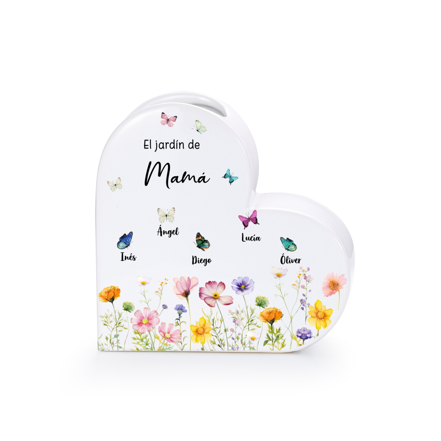 Jarrón de cerámica en forma de corazón personalizado con 1 a 10 nombres y mariposas para mamá o abuela