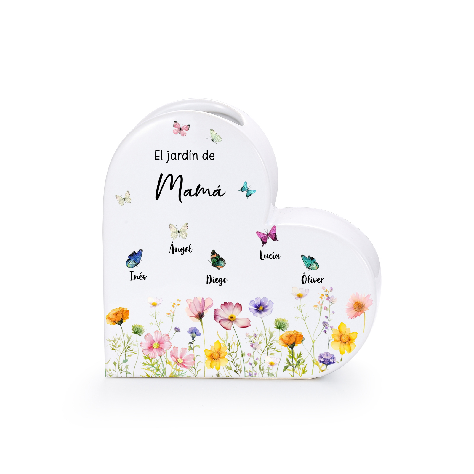 Jarrón de cerámica en forma de corazón personalizado con 1 a 10 nombres y mariposas para mamá o abuela