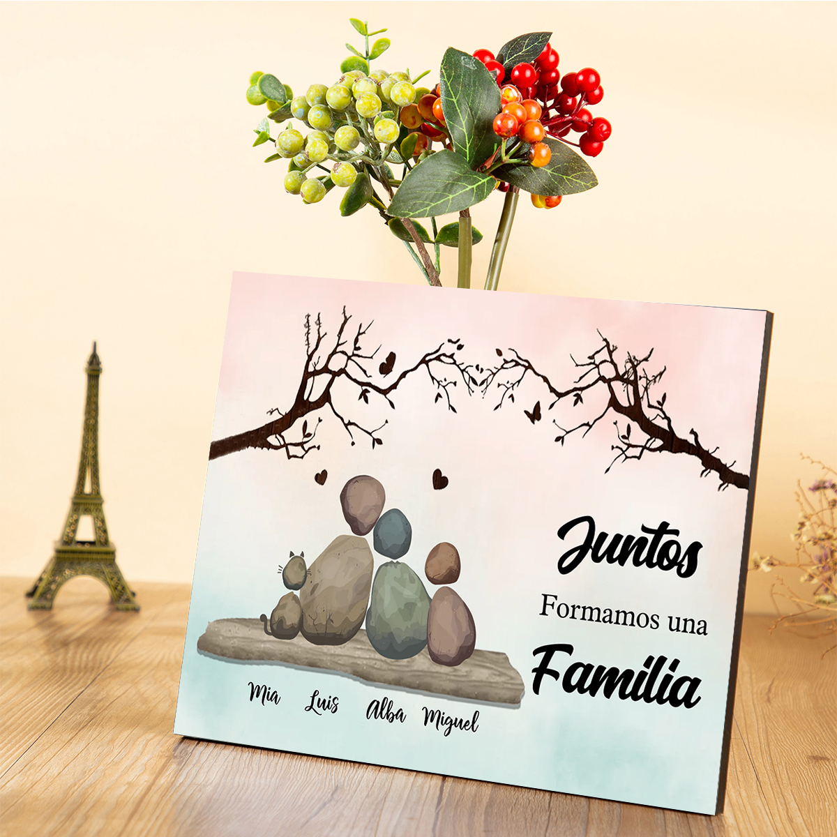 Lámina de madera Personalizado Familia de Guijarros con Nombres para Pareja o Familia – «Juntos formamos una familia»