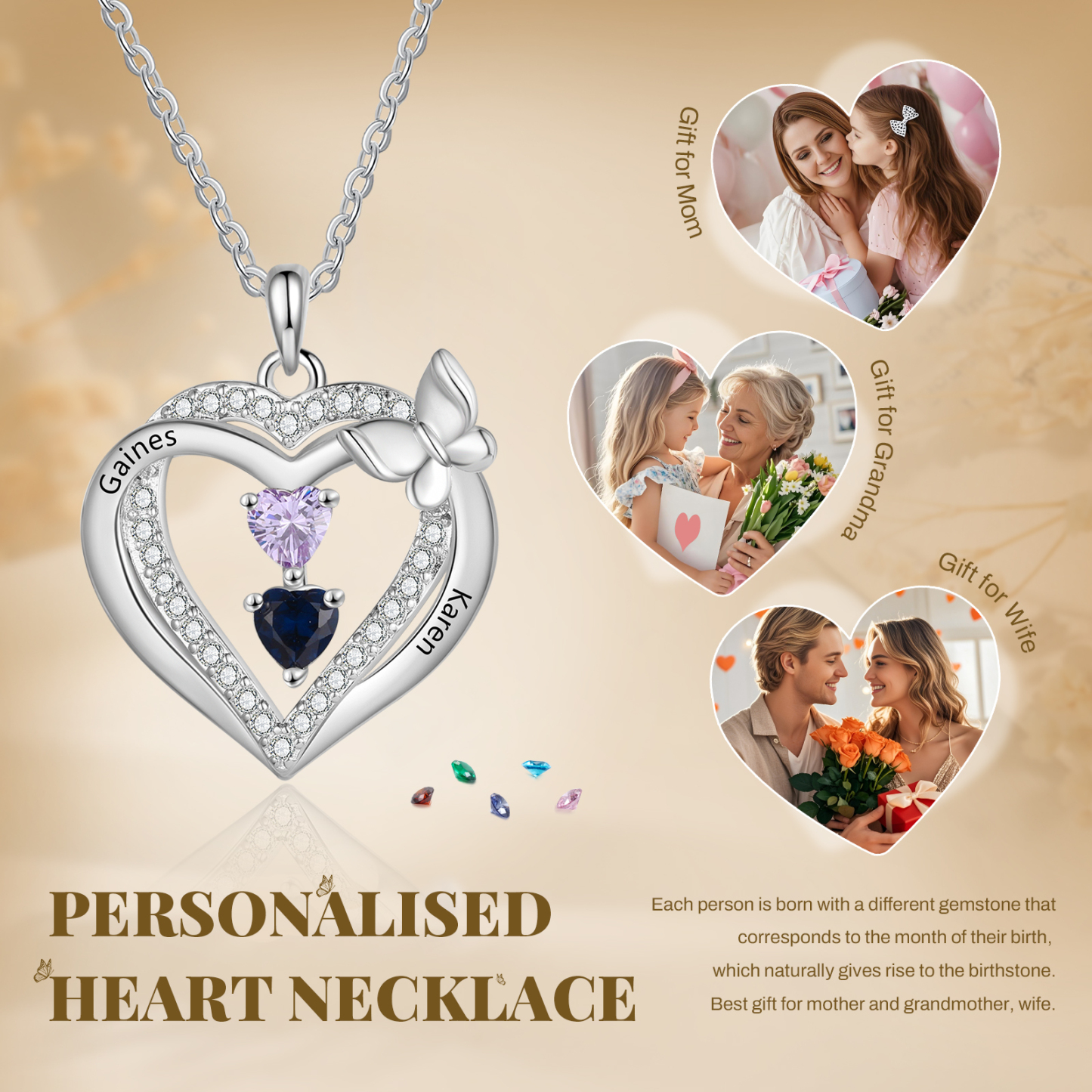 Collar de corazón con mariposa y piedra de nacimiento personalizado con 1 a 3 nombres