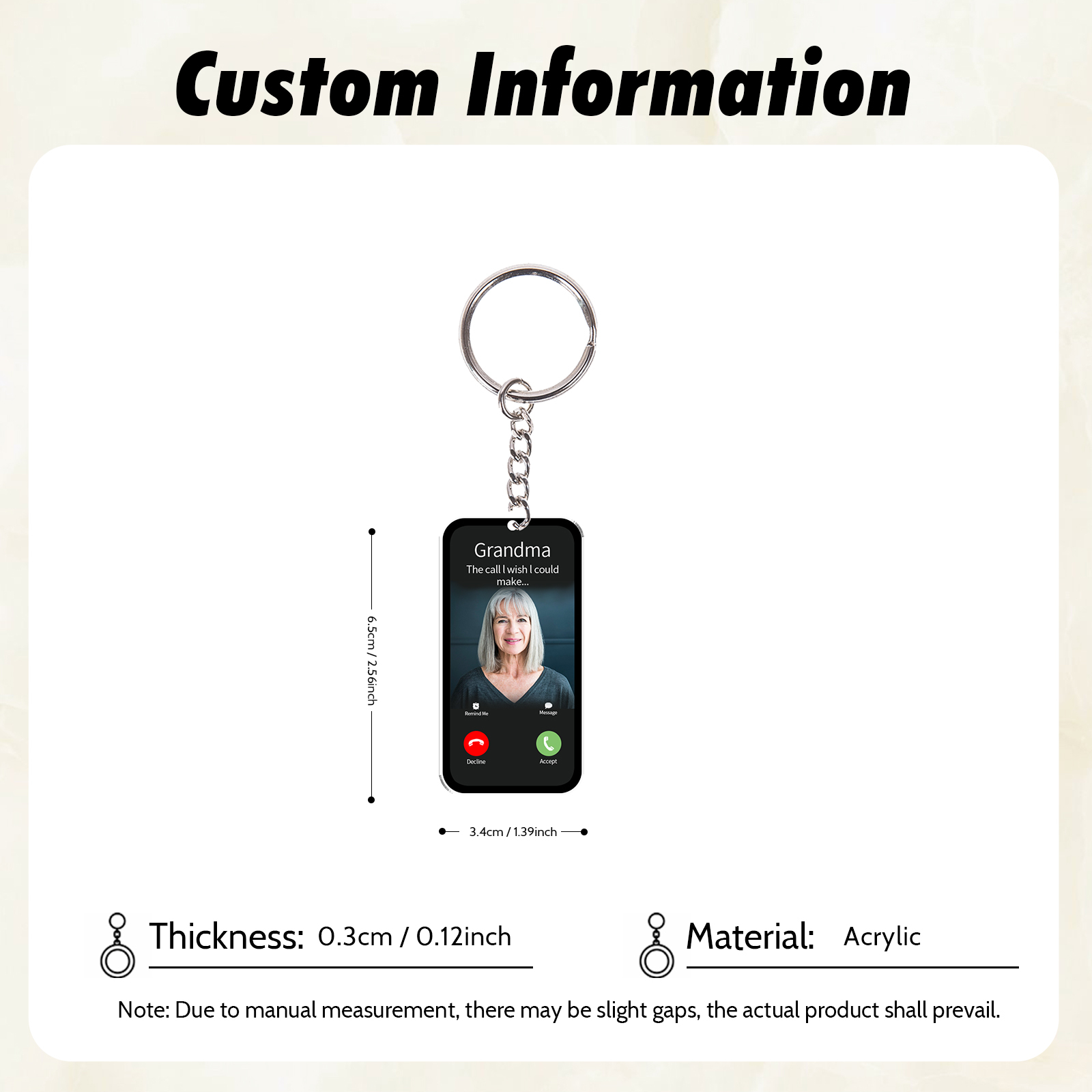 Llavero conmemorativo de llamada a un ser querido con texto, foto y nombre personalizados | Jessemade