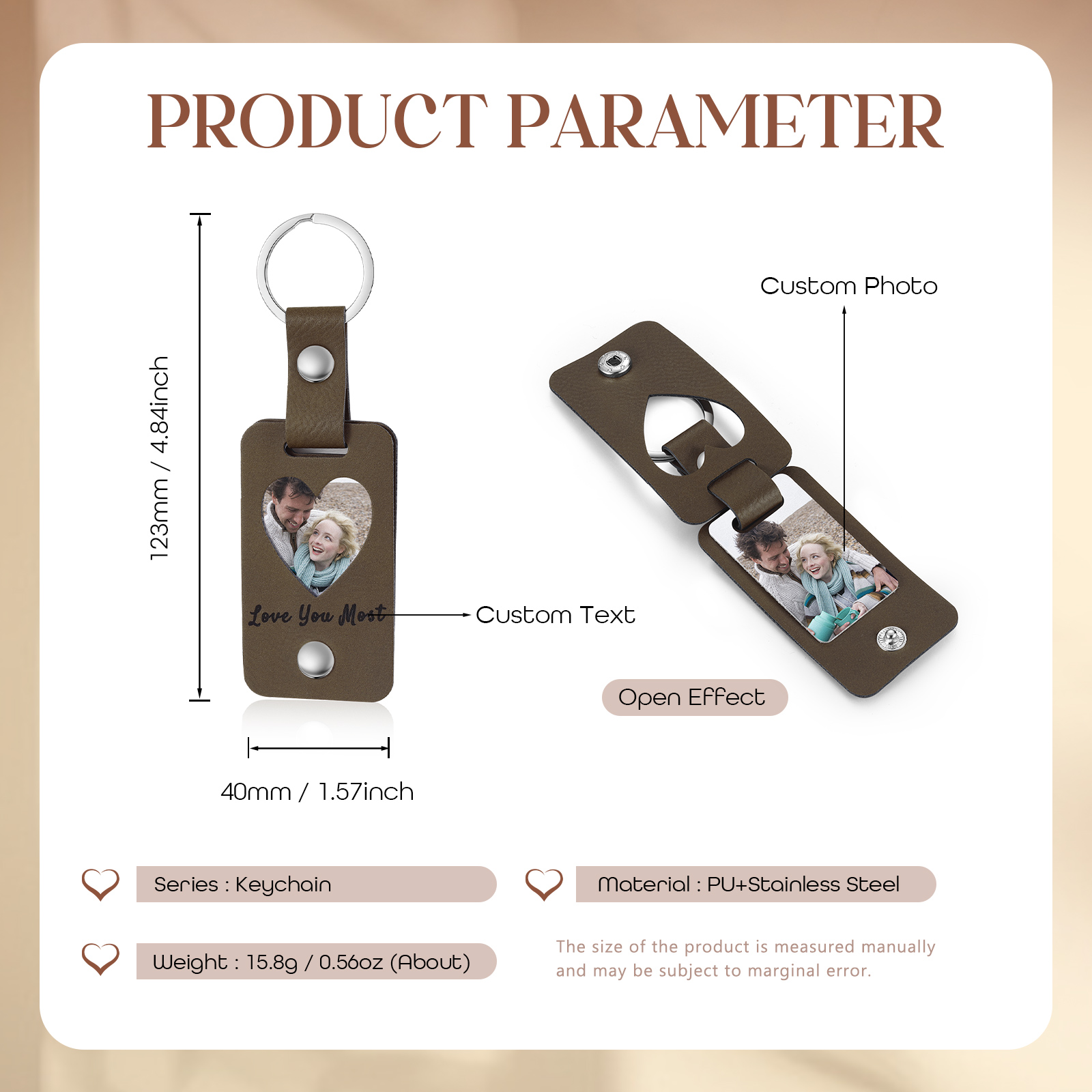 Llavero para pareja de cuero personalizado con texto y foto