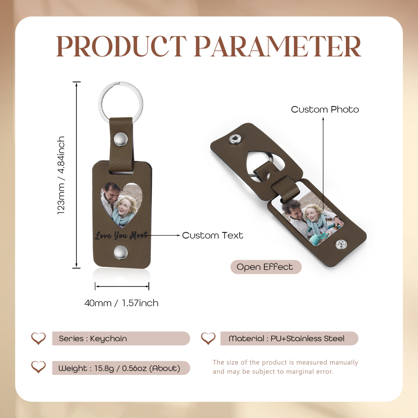 Llavero para pareja de cuero personalizado con texto y foto