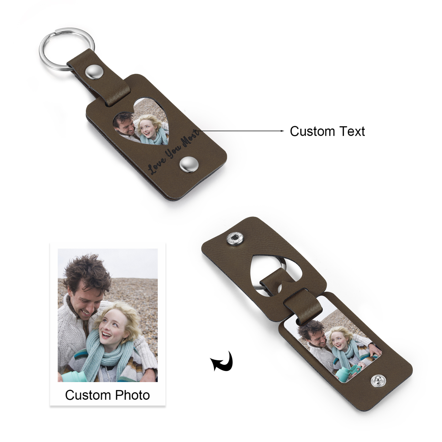 Llavero para pareja de cuero personalizado con texto y foto