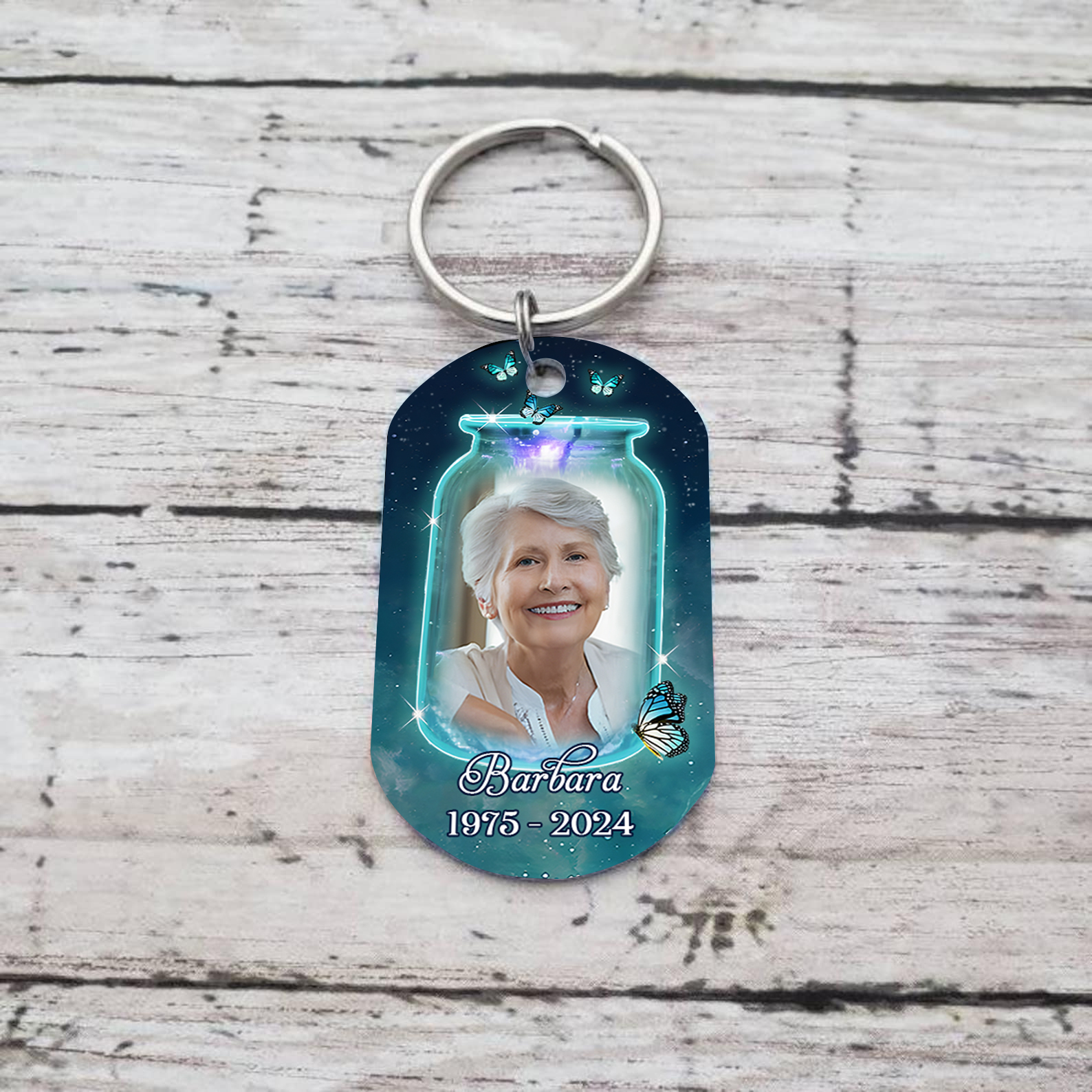 Llavero conmemorativo con mariposas nombre, años y foto personalizados | Jessemade