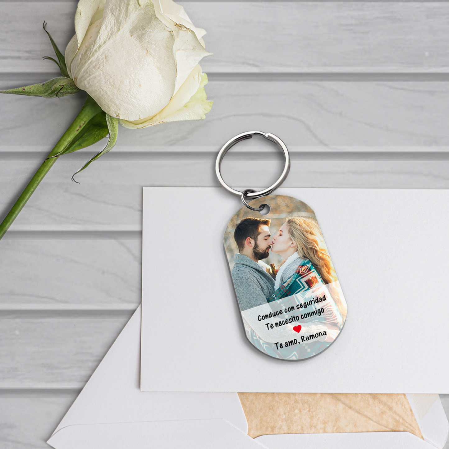 Llavero para pareja "Conduce con seguridad" personalizado con foto y nombre | Jessemade