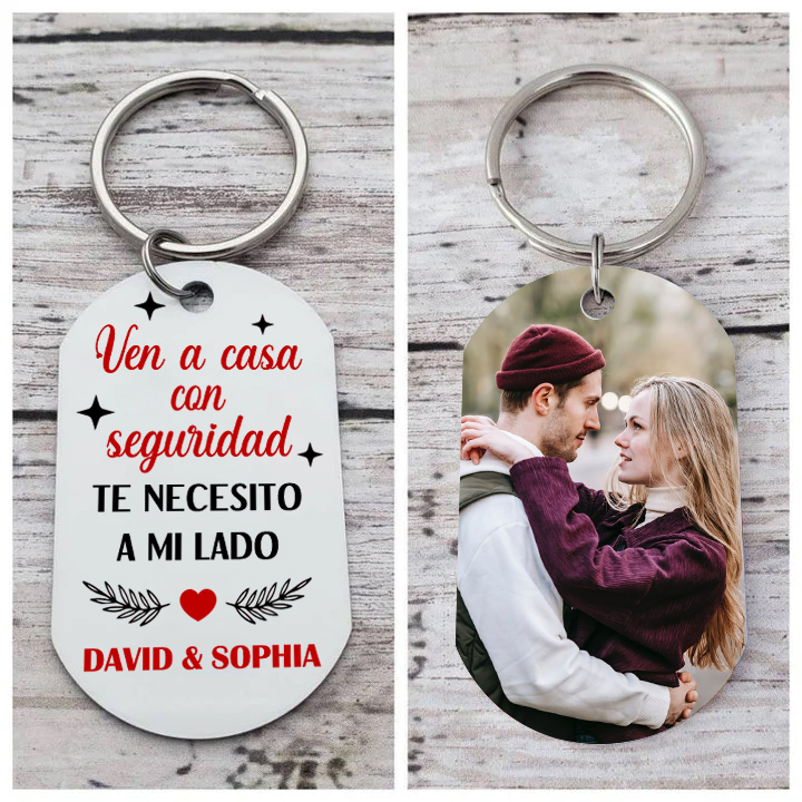 Llavero para pareja "Ven a casa con seguridad" personalizado con foto 