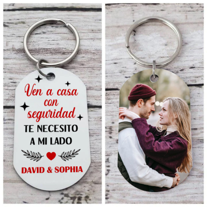 Llavero para pareja "Ven a casa con seguridad" personalizado con foto 