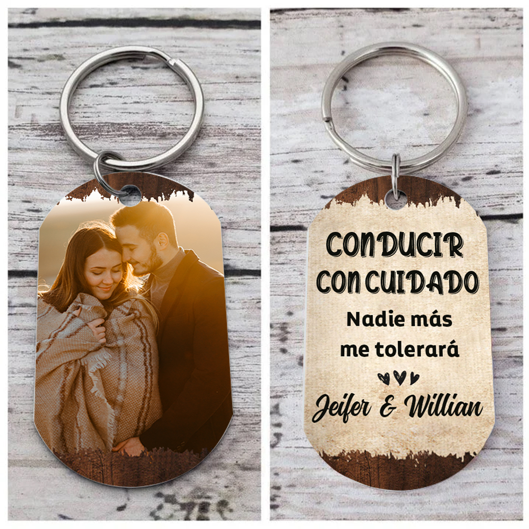 Llavero para pareja "Conducir con cuidado" personalizado con foto y 2 