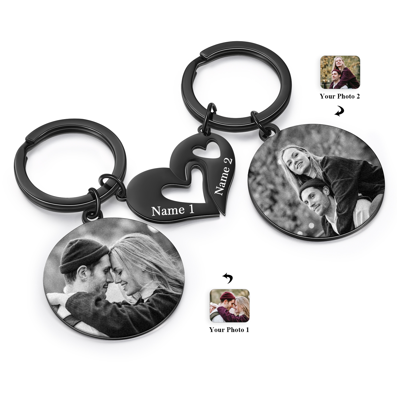 Llaveros para pareja con colgante de corazón personalizados con 2 nombres y 2 fotos | Jessemade