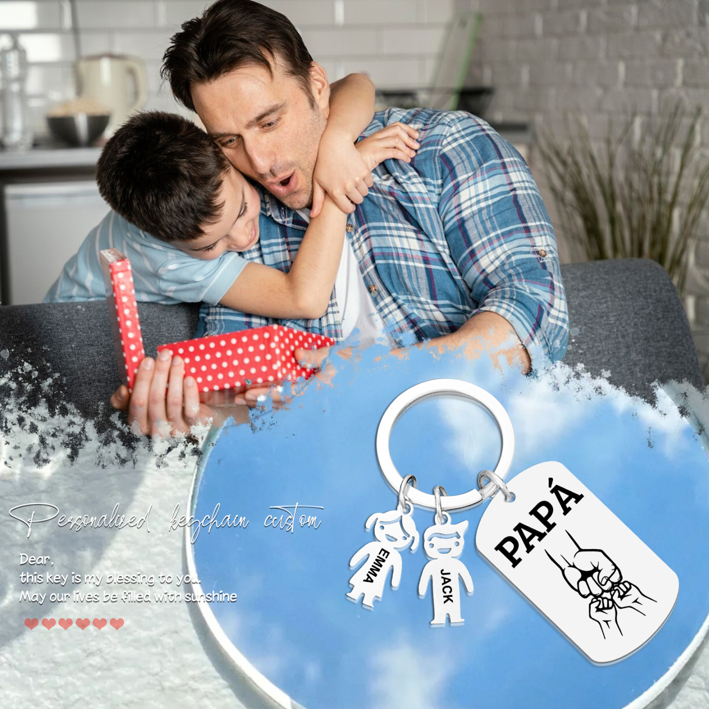A mi papá - Llavero con charms de niños y placa de puño con puño 2-6 nombres y 1 texto personalizados | Jessemade