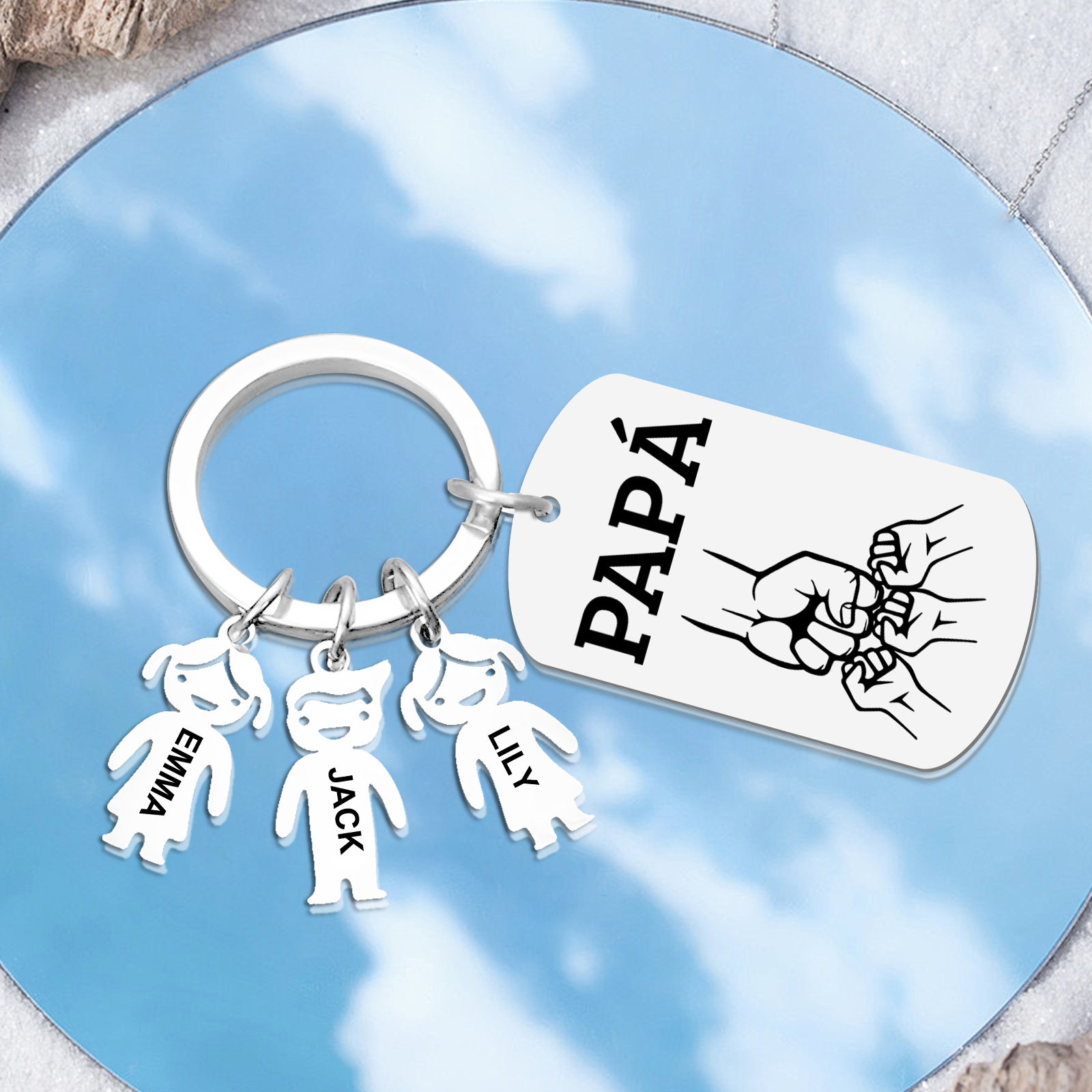 A mi papá - Llavero con charms de niños y placa de puño con puño 2-6 nombres y 1 texto personalizados | Jessemade