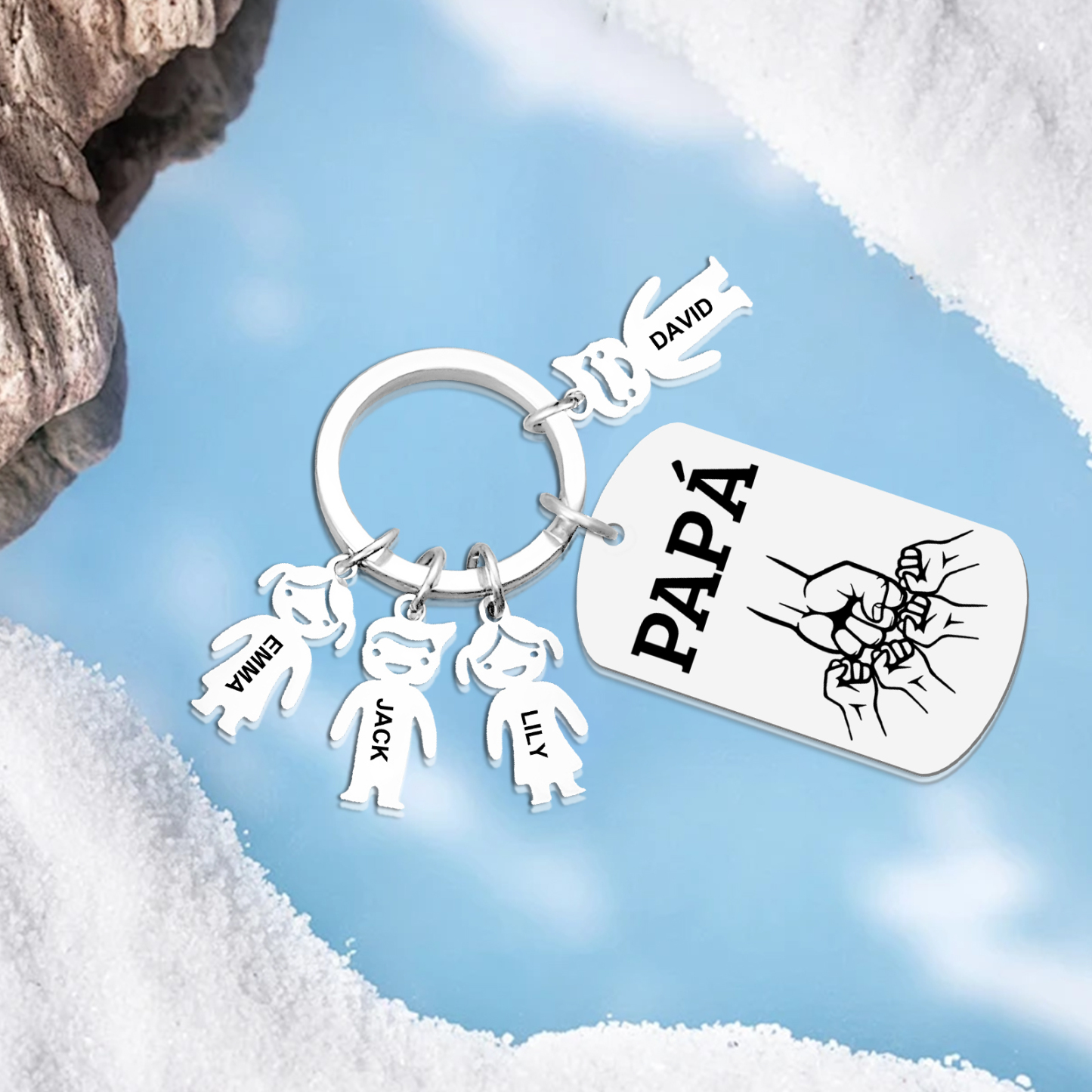 A mi papá - Llavero con charms de niños y placa de puño con puño 2-6 nombres y 1 texto personalizados | Jessemade