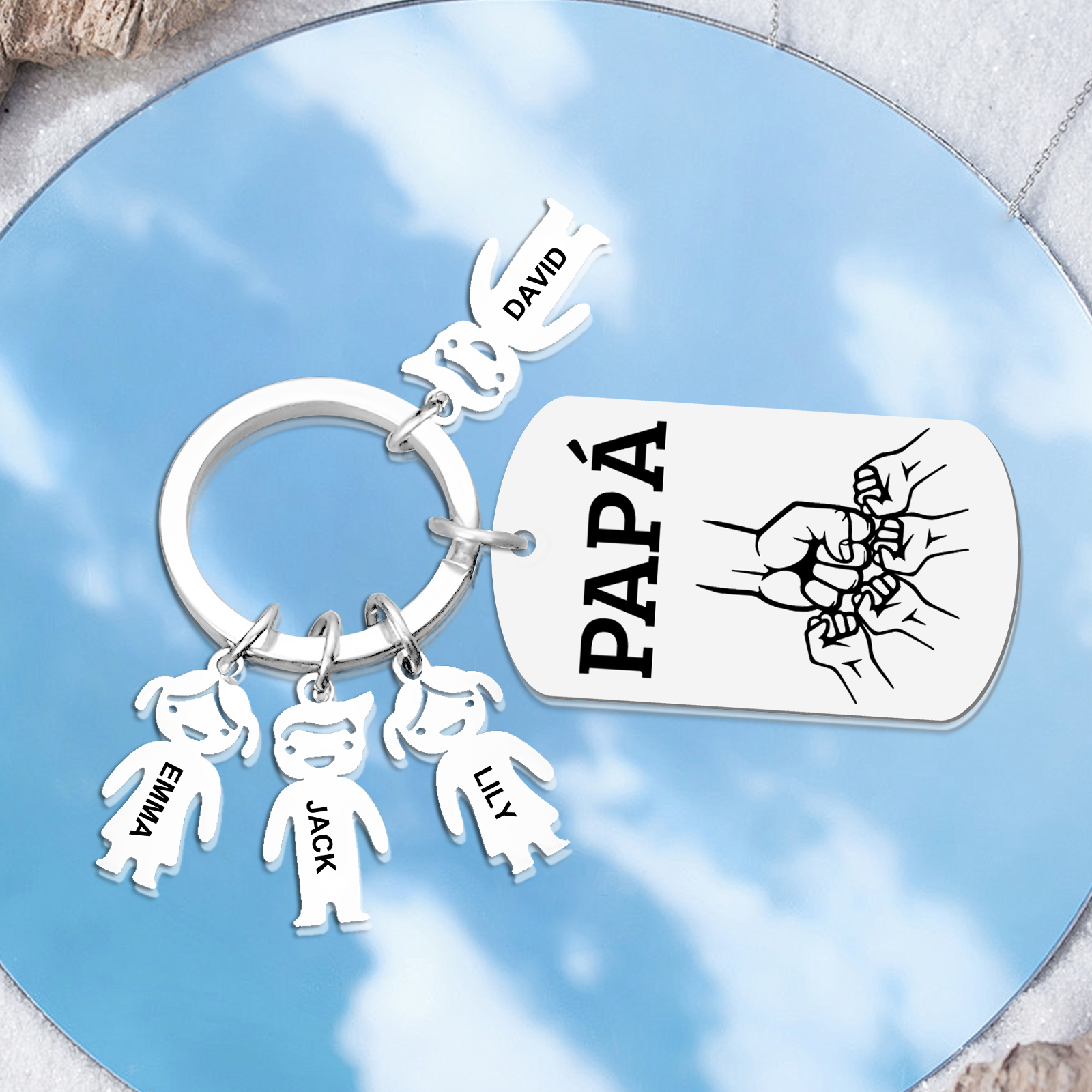 A mi papá - Llavero con charms de niños y placa de puño con puño 2-6 nombres y 1 texto personalizados | Jessemade