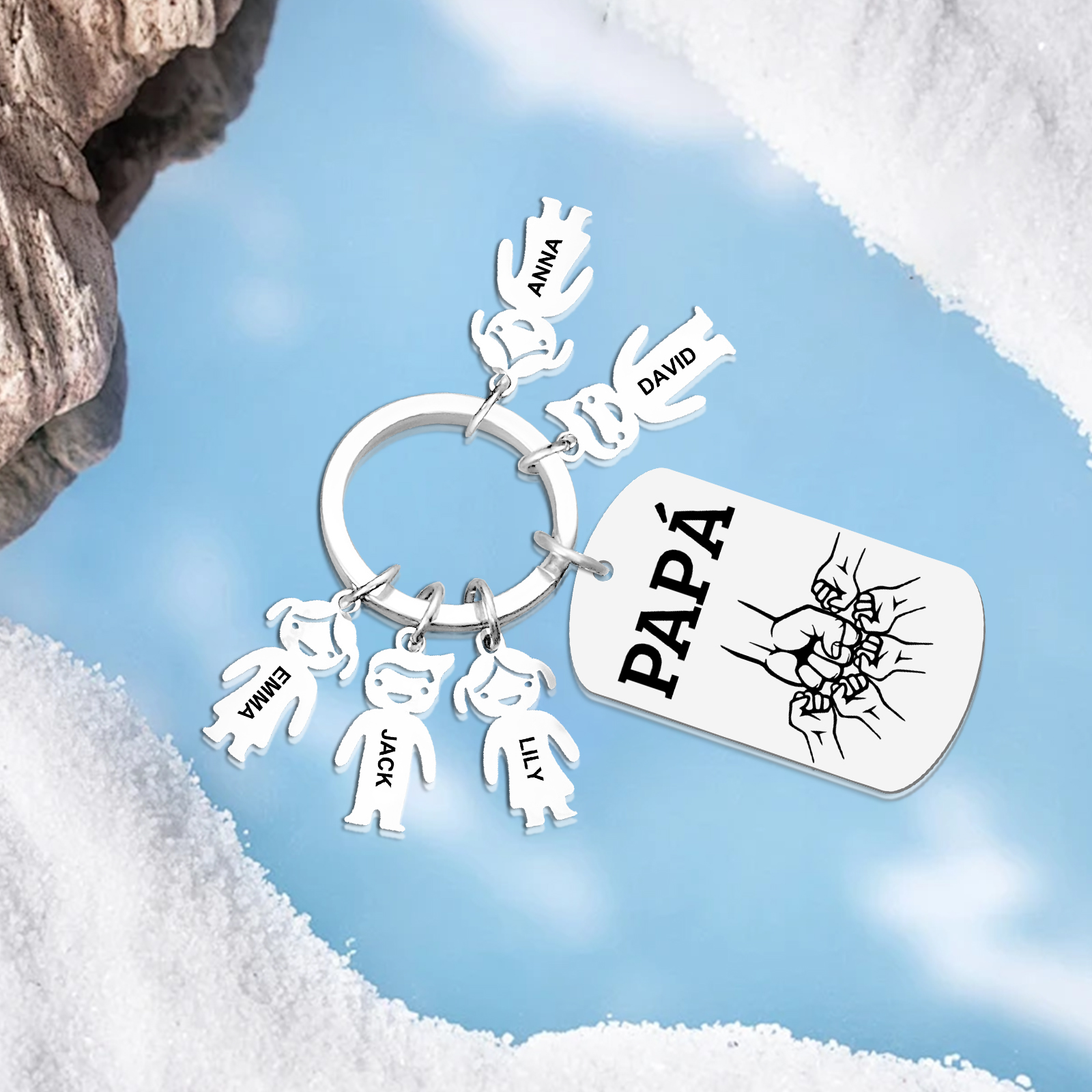 A mi papá - Llavero con charms de niños y placa de puño con puño 2-6 nombres y 1 texto personalizados | Jessemade
