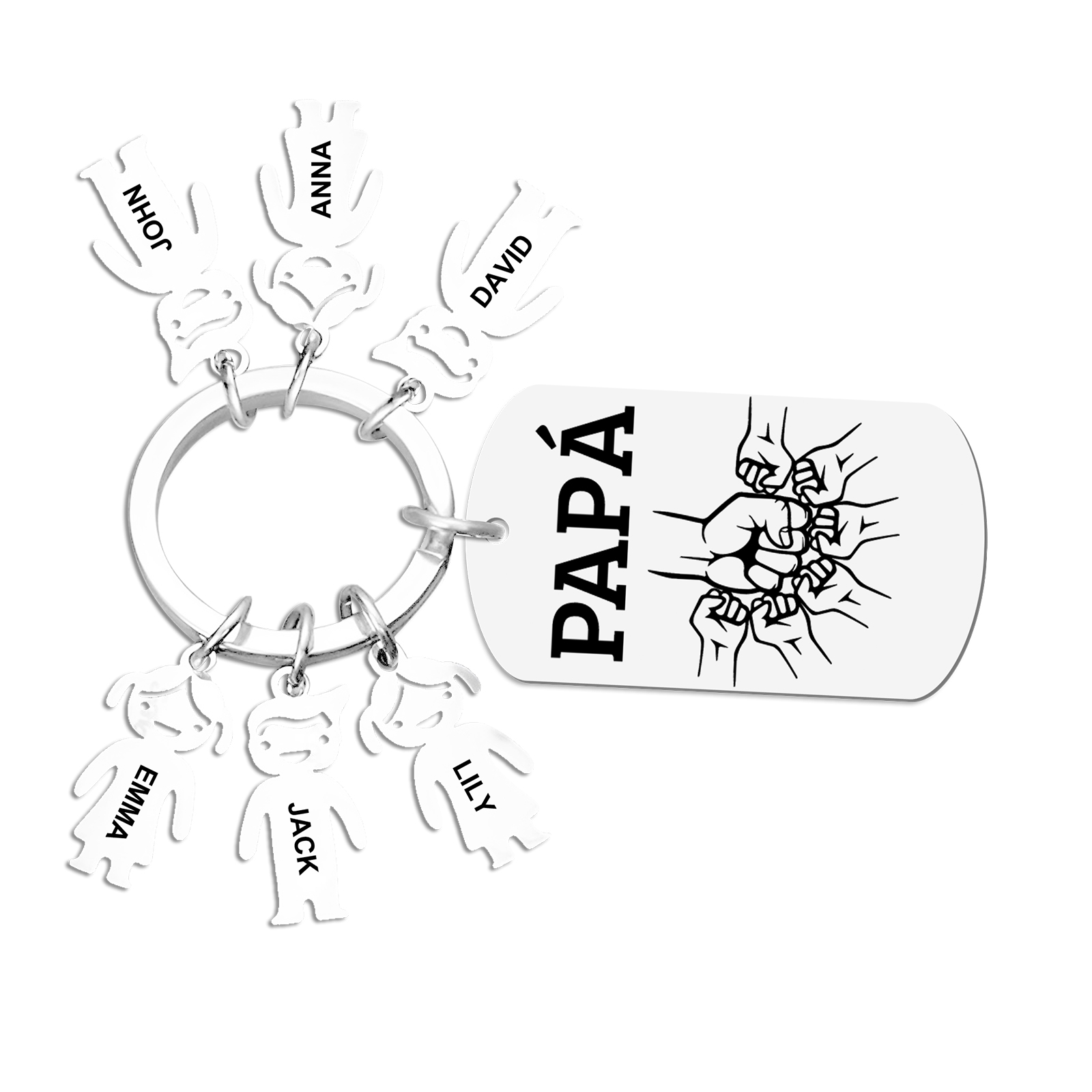 A mi papá - Llavero con charms de niños y placa de puño con puño 2-6 nombres y 1 texto personalizados | Jessemade