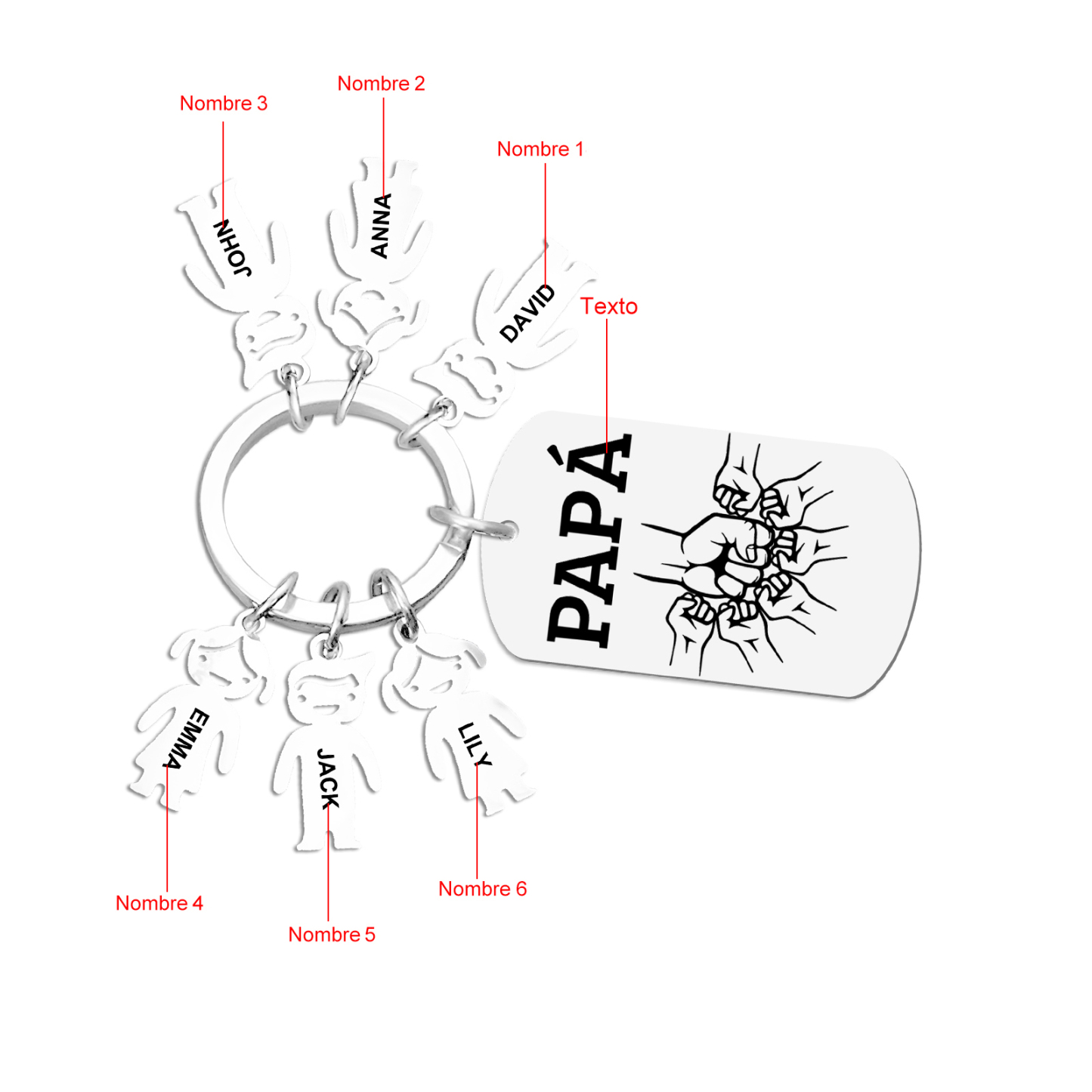 A mi papá - Llavero con charms de niños y placa de puño con puño 2-6 nombres y 1 texto personalizados | Jessemade