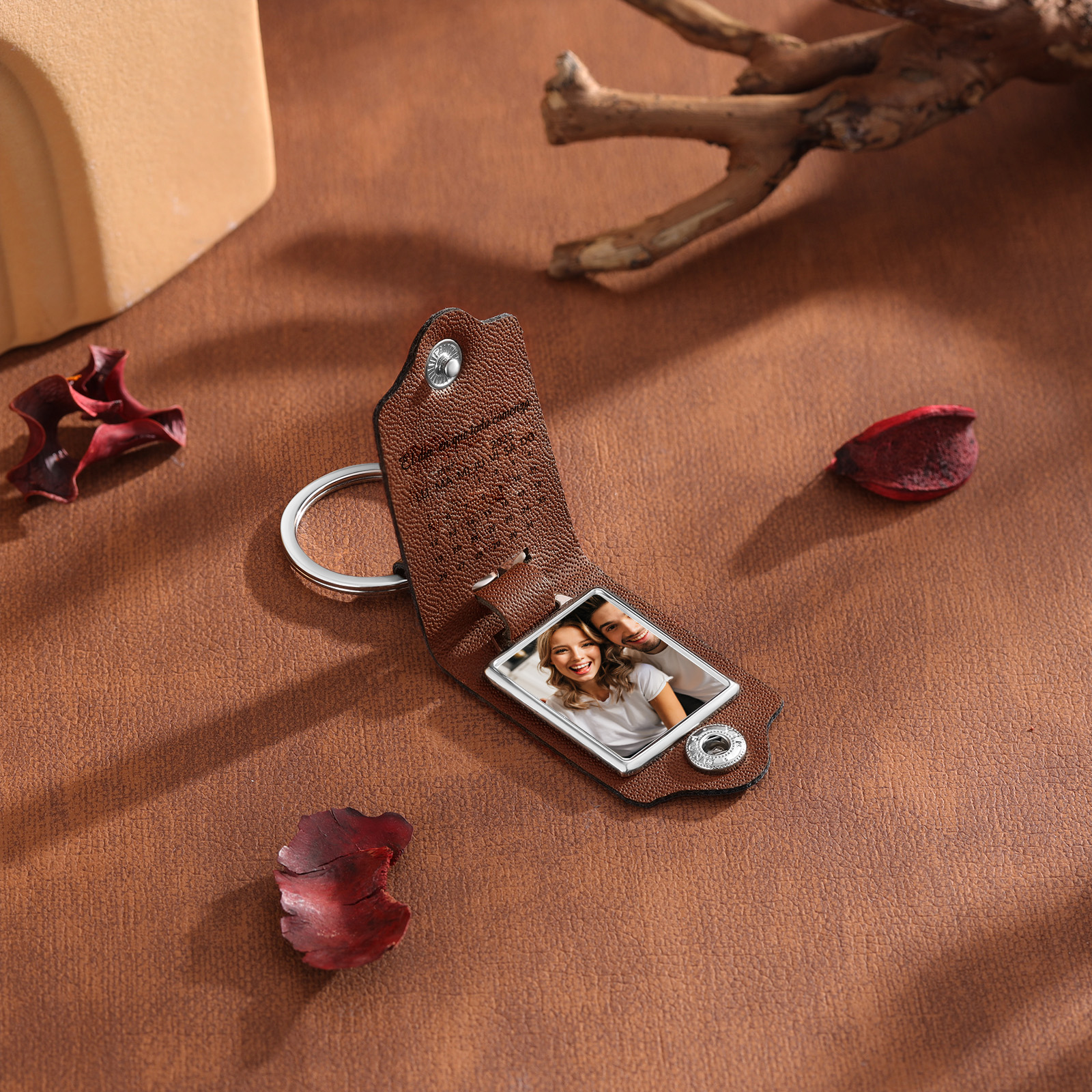 Llavero de cuero personalizado para parejas con foto y calendario