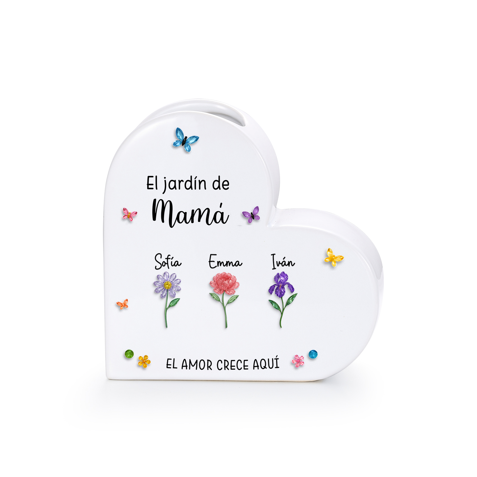 Jarrón de cerámica en forma de corazón personalizado con 1 a 10 nombres y flores de nacimiento para mamá/abuela